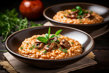 Delicious risotto dish with perfectly cooked mushrooms, highlighting authentic Italian cuisineの素材