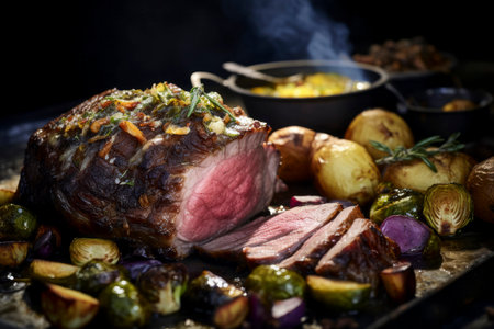 Savory roasted beef elegantly presented, capturing the essence of gourmet dining.の素材