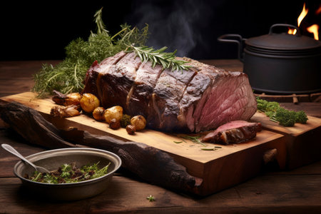 Savory roasted beef elegantly presented, capturing the essence of gourmet dining.の素材