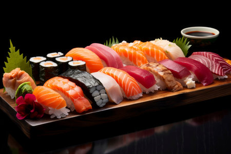 Exquisite sushi selection showcasing freshness and culinary artistry on a plate.の素材