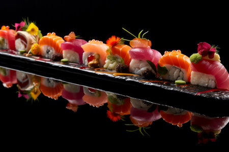Exquisite sushi selection showcasing freshness and culinary artistry on a plate.の素材