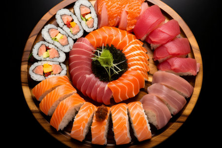 Exquisite sushi selection showcasing freshness and culinary artistry on a plate.の素材