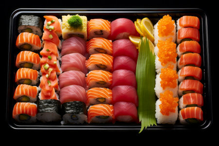 Exquisite sushi selection showcasing freshness and culinary artistry on a plate.の素材