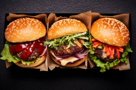 Freshly prepared burgers packed in boxes, perfectly sealed for delivery and utmost taste preservation.の素材