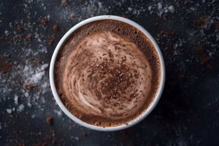 Rich and creamy hot chocolate, topped with a tempting swirl, served in an elegant cup.の素材