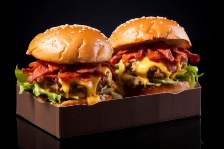 Freshly prepared burgers packed in boxes, perfectly sealed for delivery and utmost taste preservation.の素材