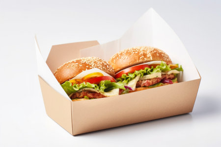 Freshly prepared burgers packed in boxes, perfectly sealed for delivery and utmost taste preservation.の素材