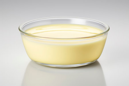 A pristine presentation of creamy vanilla pudding against a pure white backdrop.の素材