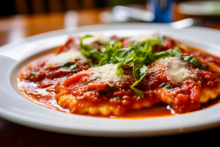 Freshly cooked ravioli pasta drenched in a tangy tomato sauce, ready to serve.の素材