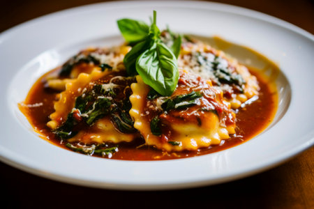 Freshly cooked ravioli pasta drenched in a tangy tomato sauce, ready to serve.の素材
