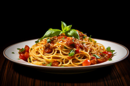 Delicious spaghetti paired with rich tomato sauce, beautifully served on a rustic setting.の素材