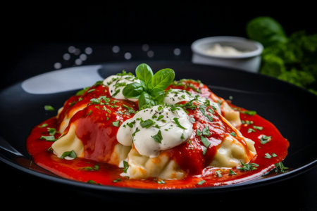 Freshly cooked ravioli pasta drenched in a tangy tomato sauce, ready to serve.の素材
