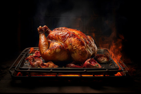 Golden brown roast chicken, perfectly cooked, placed against a rustic wooden background.の素材