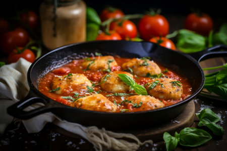 Freshly cooked ravioli pasta drenched in a tangy tomato sauce, ready to serve.の素材