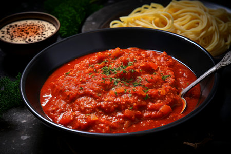 Delicious spaghetti paired with rich tomato sauce, beautifully served on a rustic setting.の素材