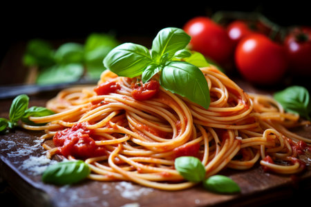 Delicious spaghetti paired with rich tomato sauce, beautifully served on a rustic setting.の素材