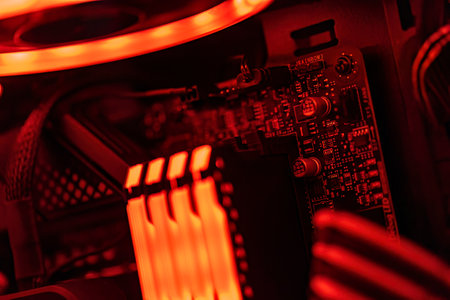 Detailed view of premium components inside a top-tier gaming computer, showcasing cutting-edge technology.の写真素材