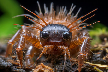 Stunning close-up showcasing intricate details of a centipede, highlighting its arthropod features.の素材