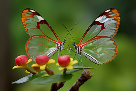 Ultra-macro capture of Glasswing butterflies, revealing the transparency and delicate patterns on their wings.の素材
