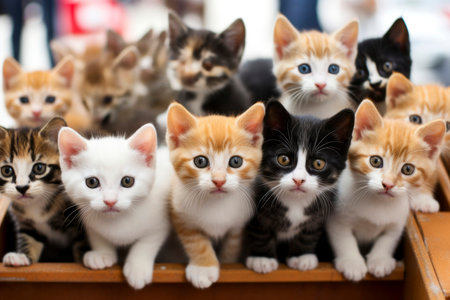 Captivating group portrait of multiple adorable kittens showcasing their charm and unique personalities.の素材