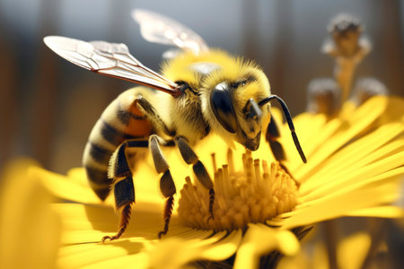Ultra-close macro of a bee gathering nectar from a vibrant yellow flower, showcasing intricate details.の素材