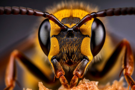 Ultra-detailed macro capture of a European wasp, showcasing its intricate patterns and features.の素材