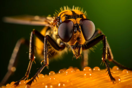Ultra-macro shot of a robber fly, showcasing its intricate features and predatory demeanor.の素材