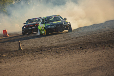 Villamarzana, 10 September 2023: Intense car race capturing the thrill of drifting on a challenging circuit.のeditorial素材