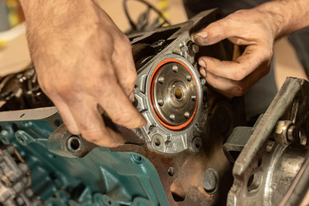 Close-up of a mechanic's hands meticulously assembling a vintage engine, showing expertise in...