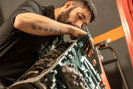 Milan, Italy 23 October 2023: A mechanic meticulously repairs and restores a vintage engine to its original glory.のeditorial素材