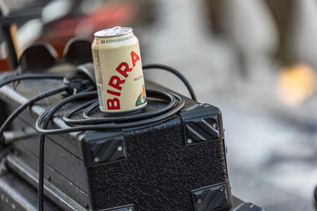 Fratta Polesine, Italy 10 December 2023: A casual scene of a beer can rest atop a guitar amplifier, blending music with leisure.のeditorial素材