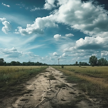 Striking image of a straight, empty road with a lush meadow at the side under a cloudy sky.の素材