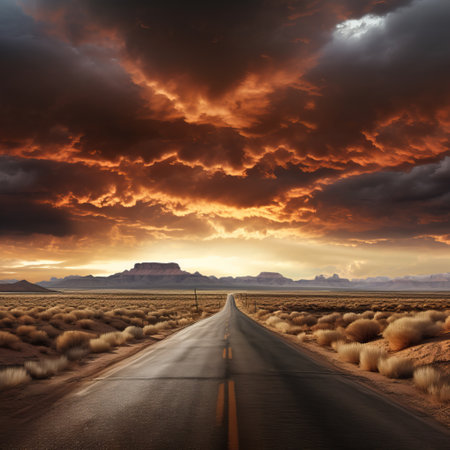 Dramatic view of a closed road under a stormy sky at sunset, evoking a moody atmosphere.の素材
