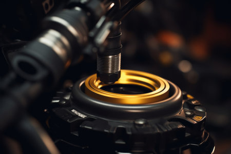 Photo capturing the essential concept of a car engine oil change during a routine maintenance service in a mechanical workshop.の素材