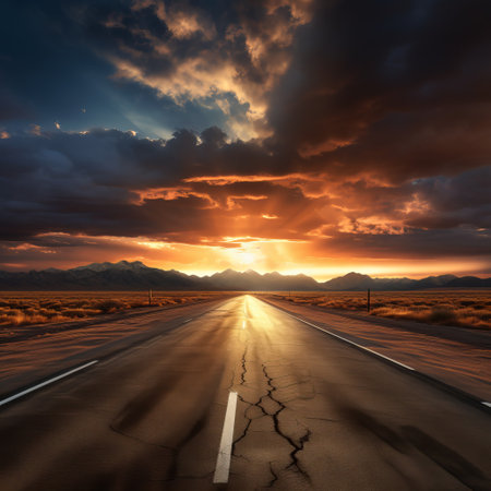 Dramatic view of a closed road under a stormy sky at sunset, evoking a moody atmosphere.の素材