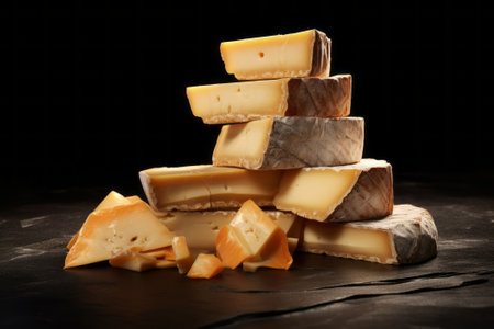 Close-up photo showscasing the intricate details of a beautifully arranged cheese food composition.の素材
