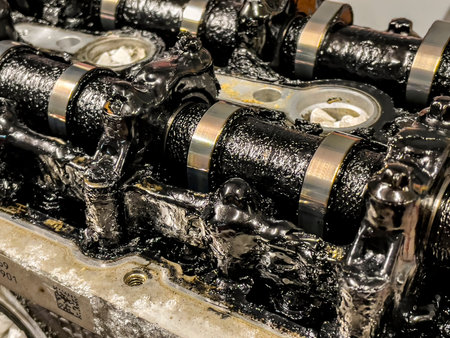 A concept of poorly maintained, dirty, and worn car engine parts, like camshafts, in a mechanical...