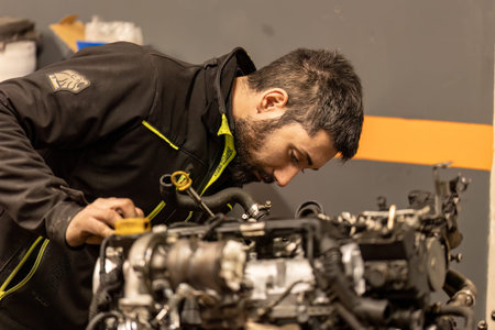 Rome, Italy 17 January 2024: A mechanic meticulously examining a car engine, showcasing expertise in...