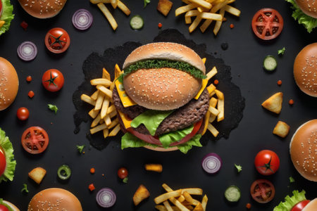 Artistic arrangement of deconstructed hamburgers & fries on textured surface, highlighting culinary ingredients & artistry.の素材