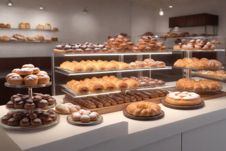 Bakery counter filled with assorted pastries, showcasing textures of chocolate glazes and flaky puff pastry under warm natural lighting.の素材