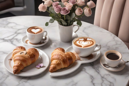 Elegant breakfast setting on marble cafe table with steaming cappuccino, heart-shaped latte art, croissants, and flowers.の素材