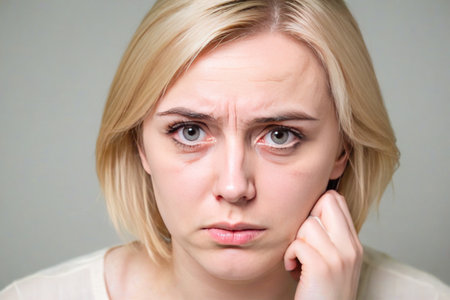 30-year-old woman with a sad expression, her deep eyes speaking volumes, against a white background.の素材
