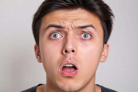 25-year-old man with a shocked expression, his eyes wide with surprise, against a white background.の素材