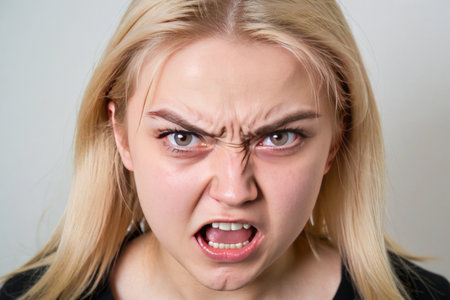 20-year-old girl with an angry expression and beautiful eyes against a white background.の素材