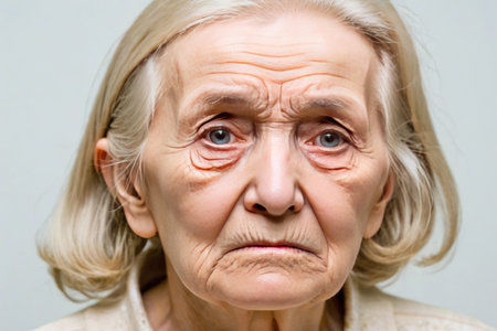 70-year-old woman with a sad expression, her eyes a reflection of life's stories, against white.の素材