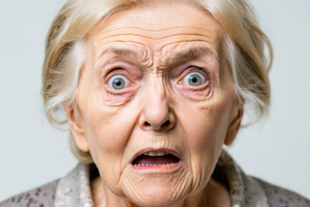 A 70-year-old with a shocked and sad expression, revealing deep, beautiful eyes against white.の素材