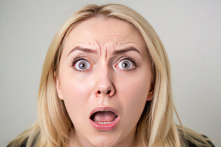 A 30-year-old woman with a shocked expression and captivating eyes against a white backdrop.の素材