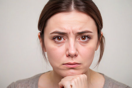 30-year-old woman with a sad expression, her deep eyes speaking volumes, against a white background.の素材