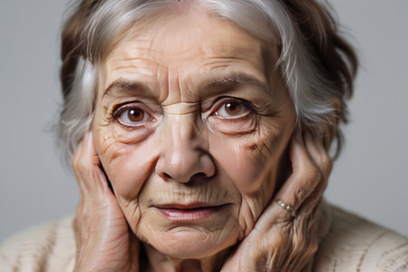 70-year-old woman with a dazed expression, her profound eyes set against a white background.の素材