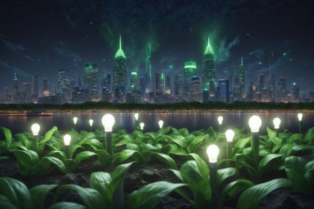 The city skyline is illuminated by a multitude of green lights, casting a vibrant glow across the buildings and streets below. The bulbs are uniquely designed with green leaves sprouting from their bases, creating a striking visual contrast against the dark night sky.の素材